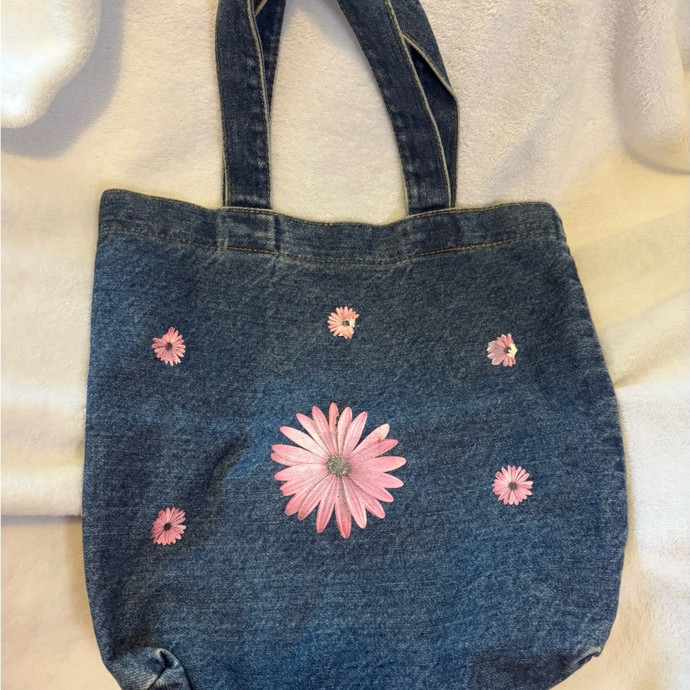Floral Denim Tote in Blue and Pink